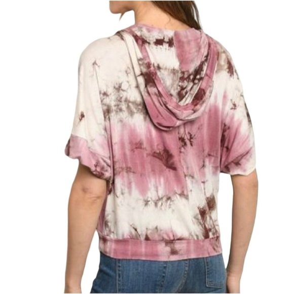 Ginger G Tie Dye Short Sleeve Hoodie Berry Brown Cream Size Large NWT - Picture 2 of 3